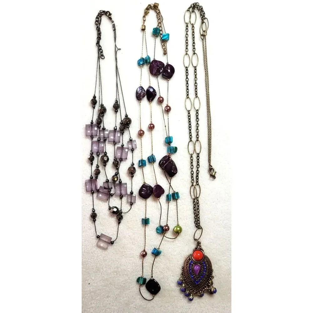 Lot of 3 Vintage Colorful Necklaces Station Long Pendant Y2K 90s 2000s Boho